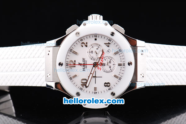 Hublot Big Bang Chronograph Quartz Movement White Ceramic Bezel with White Dial and Silver Number Marking-White Rubber Strap - Click Image to Close
