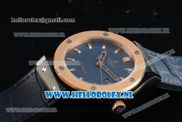 Hublot Classic Fusion Miyota 9015 Automatic Rose Gold Case with Navy Blue Dial Stick Markers Rose Gold Bezel and Genuine Leather Strap - Click Image to Close