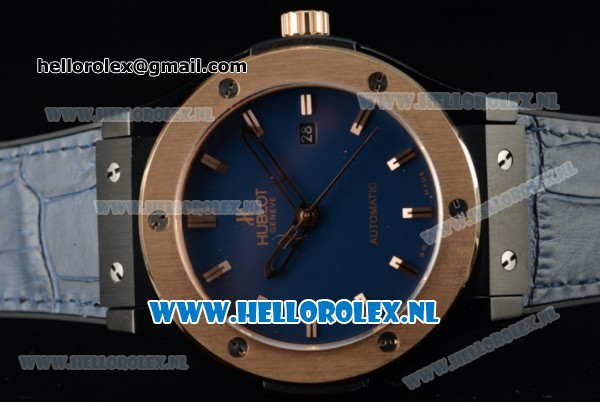 Hublot Classic Fusion Miyota 9015 Automatic Rose Gold Case with Navy Blue Dial Stick Markers Rose Gold Bezel and Genuine Leather Strap - Click Image to Close