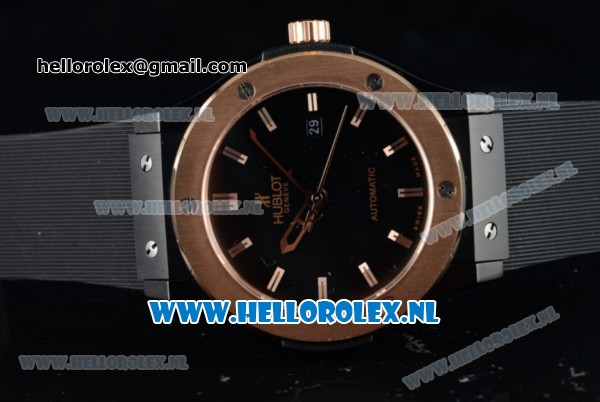 Hublot Classic Fusion Miyota 9015 Automatic Rose Gold Case with Black Dial Stick Markers Rose Gold Bezel and Rubber Strap - Click Image to Close