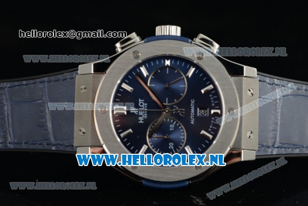 Hublot Classic Fusion Chronograph Swiss Valjoux 7750 Automatic Steel Case with Navy Blue Dial Stick Markers and Black Genuine Leather Strap - Click Image to Close