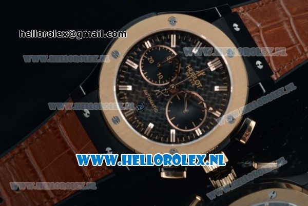 Hublot Classic Fusion ChronographSwiss Valjoux 7750 Automatic Rose Gold Case with Black Dial Stick Markers and Brown Genuine Leather Strap - Click Image to Close