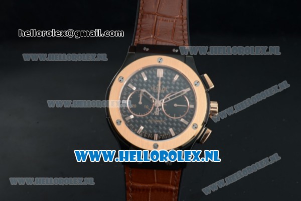 Hublot Classic Fusion ChronographSwiss Valjoux 7750 Automatic Rose Gold Case with Black Dial Stick Markers and Brown Genuine Leather Strap - Click Image to Close