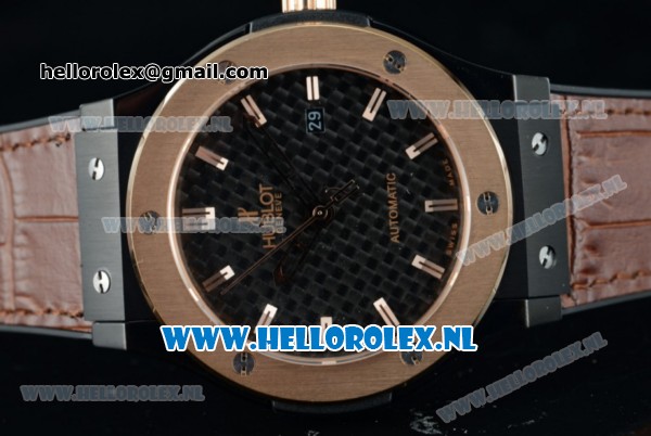 Hublot Classic Fusion Miyota 9015 Automatic Rose Gold Case with Black Dial Stick Markers and Brown Genuine Leather Strap - Click Image to Close