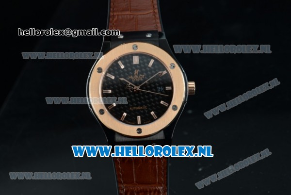 Hublot Classic Fusion Miyota 9015 Automatic Rose Gold Case with Black Dial Stick Markers and Brown Genuine Leather Strap - Click Image to Close