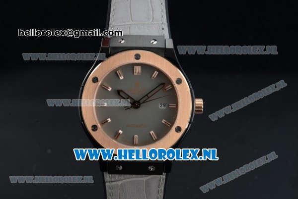 Hublot Classic Fusion Miyota 9015 Automatic Rose Gold Case with Grey Dial Stick Markers and Light Grey Genuine Leather Strap - Click Image to Close