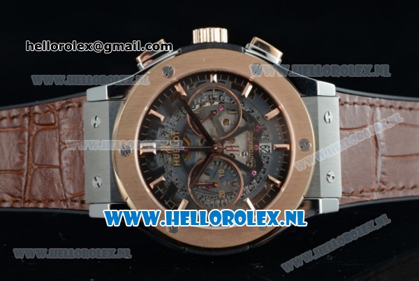 Hublot Classic Fusion Chronograph Swiss Valjoux 7750 Automatic Rose Gold Case with Grey Dial Stick Markers and Brown Genuine Leather Strap - Click Image to Close