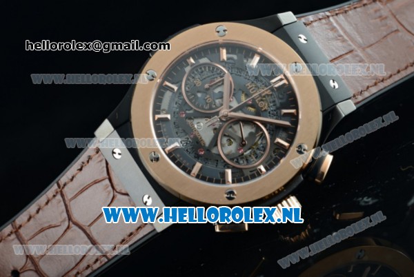 Hublot Classic Fusion Chronograph Swiss Valjoux 7750 Automatic Rose Gold Case with Black Dial Stick Markers and Brown Genuine Leather Strap - Click Image to Close