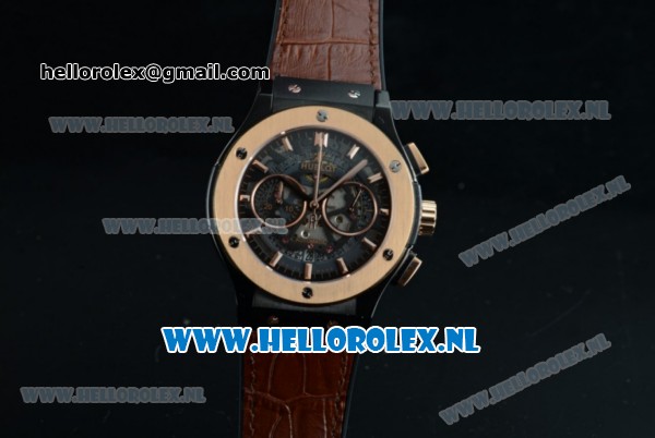 Hublot Classic Fusion Chronograph Swiss Valjoux 7750 Automatic Rose Gold Case with Black Dial Stick Markers and Brown Genuine Leather Strap - Click Image to Close