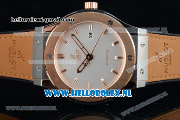 Hublot Classic Fusion Miyota 9015 Automatic Rose Gold Case with White Dial Stick Markers and Light Orange Genuine Leather Strap - Click Image to Close