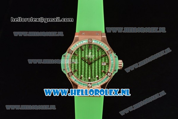 Hublot Big Bang Tutti Japanese Miyota Quartz Rose Gold Case with Green Dial Stick Markers and Green Rubber Strap - Click Image to Close