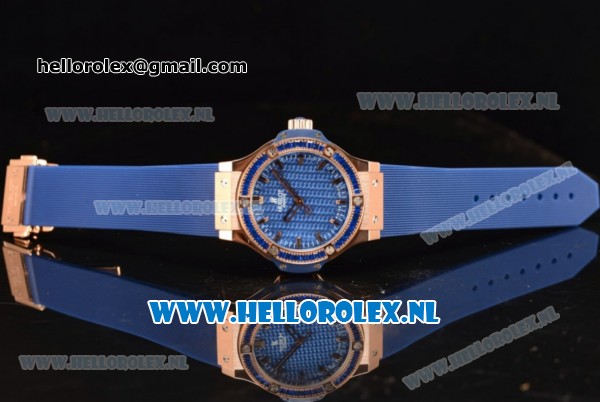 Hublot Big Bang Tutti Japanese Miyota Quartz Rose Gold Case with Blue Dial Stick Markers and Blue Rubber Strap - Click Image to Close