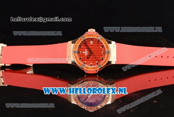 Hublot Big Bang Tutti Japanese Miyota Quartz Rose Gold Case with Red Dial Stick Markers and Red Rubber Strap - Click Image to Close