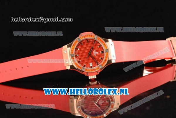 Hublot Big Bang Tutti Japanese Miyota Quartz Rose Gold Case with Red Dial Stick Markers and Red Rubber Strap - Click Image to Close