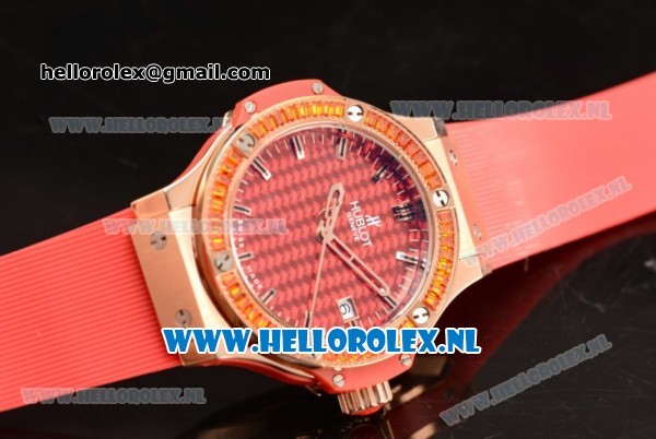 Hublot Big Bang Tutti Japanese Miyota Quartz Rose Gold Case with Red Dial Stick Markers and Red Rubber Strap - Click Image to Close