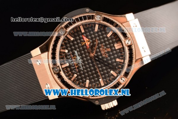 Hublot Big Bang Tutti Japanese Miyota Quartz Rose Gold Case with Black Dial Stick Markers and Black Rubber Strap - Click Image to Close