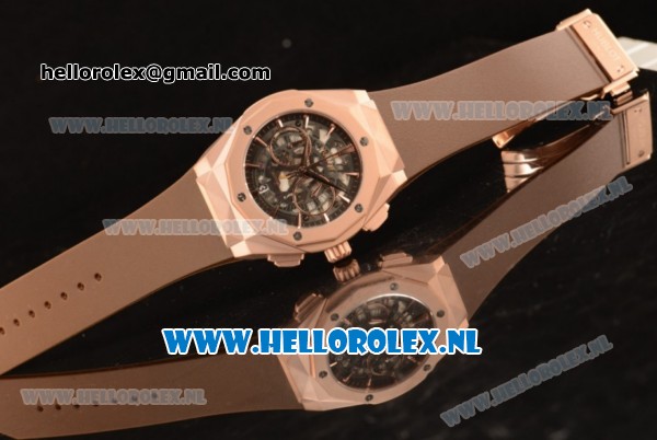 Hublot Classic Fusion Aerofusion Chronograph Orlinski Japanese Miyota OS20 Quartz Rose Gold Case with Black Dial Stick Markers and Brown Rubber Strap - Click Image to Close