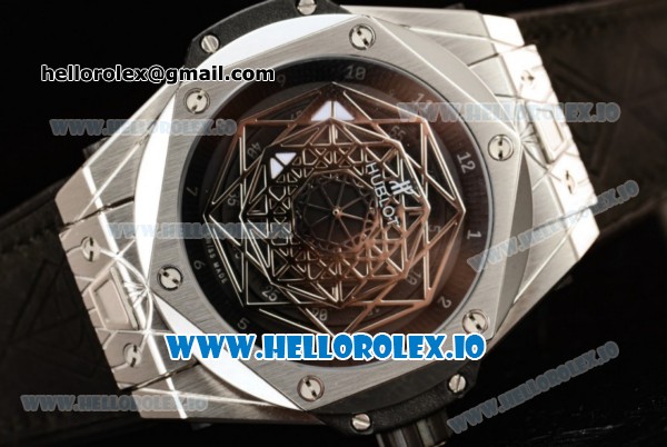 Hublot Big Bang Sang Bleu 9015 Automatic Steel Case with Black Dial Arabic Numeral Markers and Genuine Leather Strap - Click Image to Close