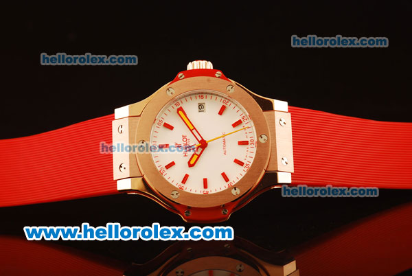 Hublot Big Bang Miyota Automatic Rose Gold Case with White Dial and Red Rubber Strap-Lady Size - Click Image to Close