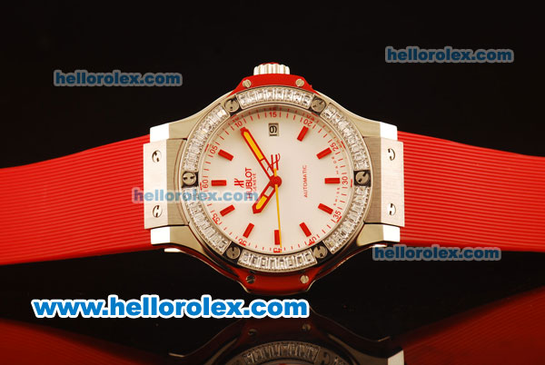 Hublot Big Bang Miyota Automatic Steel Case with White Dial and Red Rubber Strap-Lady Size - Click Image to Close