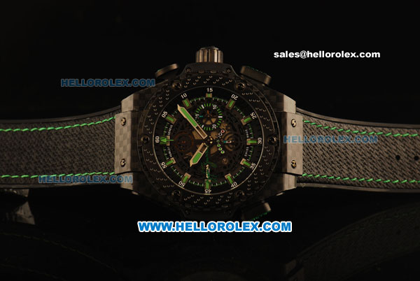 Hublot King Power F1 Swiss Valjoux 7750 Automatic CF Case with Skeleton Dial and Black Rubber Strap-Green Markers - Click Image to Close