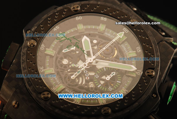 Hublot King Power F1 Swiss Valjoux 7750 Automatic CF Case with Skeleton Dial and Black Rubber Strap-Green Markers - Click Image to Close