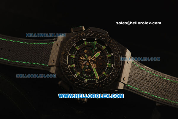 Hublot King Power F1 Swiss Valjoux 7750 Automatic CF Case with Skeleton Dial and Black Rubber Strap-Green Markers - Click Image to Close