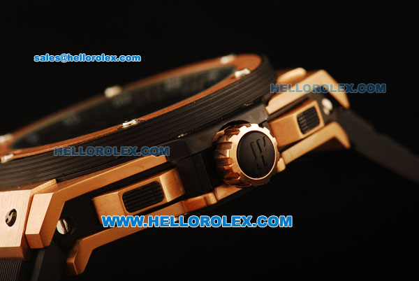 Hublot King Power Chronograph Quartz Rose Gold Case with Black Carbon Fiber Dial and Black Rubber Strap - Click Image to Close