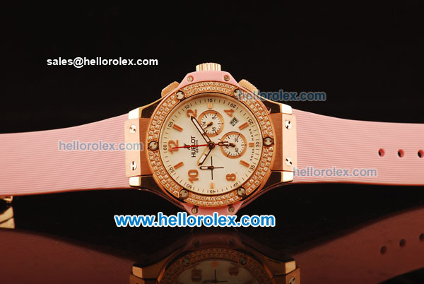 Hublot Big Bang Diamond Bezel Chronograph Swiss Quartz Rose Gold Case With White Dial and pink Rubber Strap - Click Image to Close