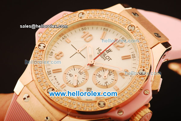 Hublot Big Bang Diamond Bezel Chronograph Swiss Quartz Rose Gold Case With White Dial and pink Rubber Strap - Click Image to Close