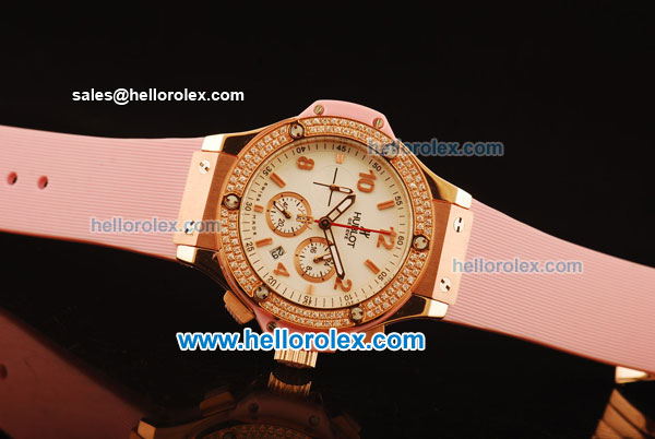 Hublot Big Bang Diamond Bezel Chronograph Swiss Quartz Rose Gold Case With White Dial and pink Rubber Strap - Click Image to Close