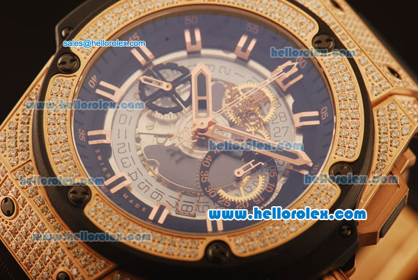 Hublot King Power Swiss Valjoux 7750 Automatic Rose Gold Case with Diamond Bezel and Skeleton Dial-Black Rubber Strap - Click Image to Close