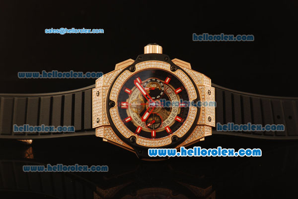 Hublot King Power Swiss Valjoux 7750 Automatic Rose Gold Case with Diamond Bezel and Skeleton Dial-Red Markers - Click Image to Close