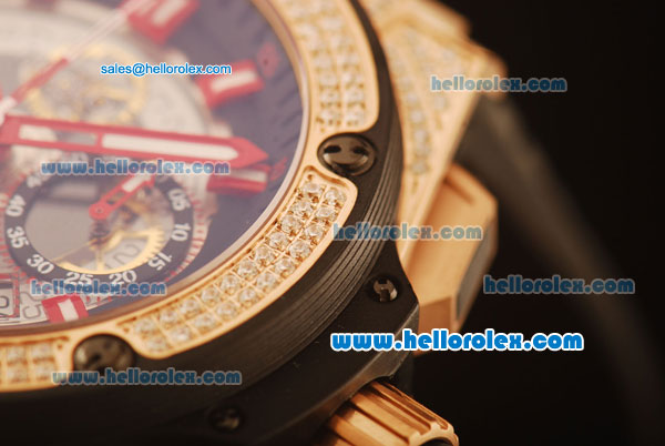 Hublot King Power Swiss Valjoux 7750 Automatic Rose Gold Case with Diamond Bezel and Skeleton Dial-Red Markers - Click Image to Close