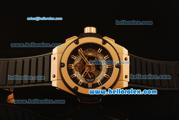 Hublot King Power Swiss Valjoux 7750 Automatic Rose Gold Case with Skeleton Dial and Black Rubber Strap - Click Image to Close