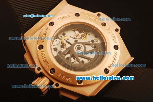 Hublot King Power Swiss Valjoux 7750 Automatic Rose Gold Case with Skeleton Dial and Black Rubber Strap - Click Image to Close