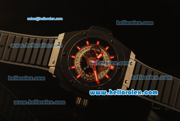 Hublot King Power Swiss Valjoux 7750 Automatic PVD Case with Skeleton Dial and Black Rubber Strap-Red Markers - Click Image to Close