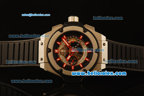 Hublot King Power Swiss Valjoux 7750 Automatic Steel Case with Skeleton Dial and Black Rubber Strap-Red Markers - Click Image to Close