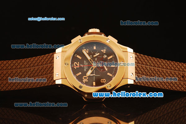 Hublot Big Bang Chronograph Miyota Quartz Rose Gold Case with Brown Carbon Fiber Dial and Brown Rubber Strap - Click Image to Close