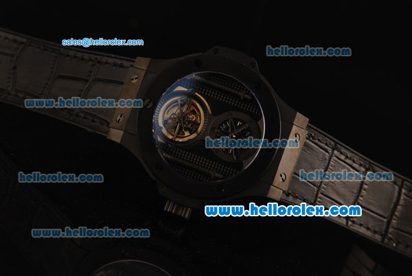 Hublot King Power Tourbillon Automatic PVD Case with Black Dial and Black Leather Strap-7750 Coating - Click Image to Close