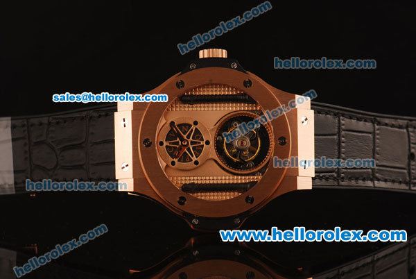 Hublot Big Bang Swiss Tourbillon Manual Winding Rose Gold Case with Black Leather Strap and Rose Gold Dial - Click Image to Close
