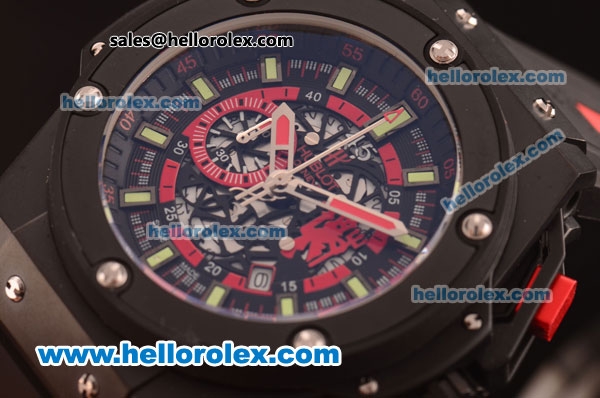 Hublot Big Bang Red Devil Chronograph Quartz PVD Case with Skeleton Dial and Black Rubber Strap-7750 Coating - Click Image to Close