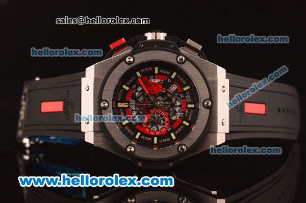 Hublot Big Bang Red Devil Chronograph Quartz Steel Case with Skeleton Dial and Black Rubber Strap-7750 Coating - Click Image to Close