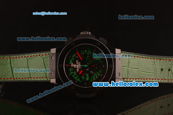 Hublot Big Bang Swiss Valjoux 7750 Automatic Ceramic Case with Black Skeleton Dial and Green Leather Strap - Click Image to Close