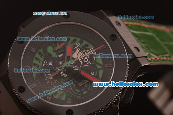 Hublot Big Bang Swiss Valjoux 7750 Automatic Ceramic Case with Black Skeleton Dial and Green Leather Strap - Click Image to Close