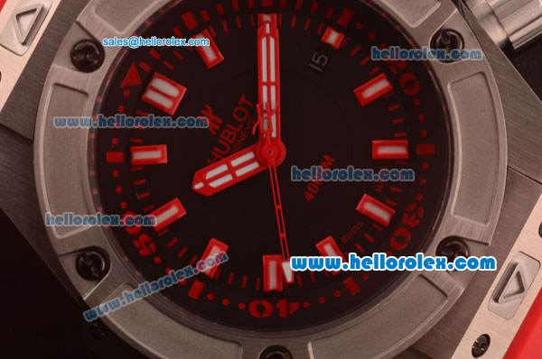 Hublot King Power Swiss ETA 2824 Automatic Steel Case with Black Dial and Red Rubber Strap - Click Image to Close