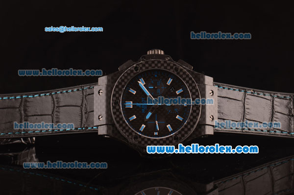 Hublot Big Bang Swiss Valjoux 7750 Automatic Carbon Fiber Case with Black Dial and Blue Markers - Click Image to Close