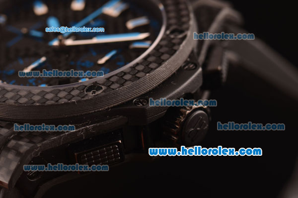 Hublot Big Bang Swiss Valjoux 7750 Automatic Carbon Fiber Case with Black Dial and Blue Markers - Click Image to Close