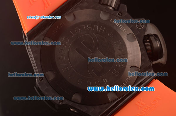 Hublot King Power Swiss ETA 2836 Automatic Carbon Fiber Case with Black Dial and Orange Rubber Strap - Click Image to Close