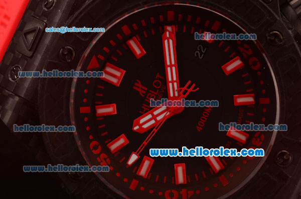 Hublot King Power Swiss ETA 2836 Automatic Carbon Fiber Case with Black Dial and Red Rubber Strap - Click Image to Close